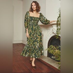 Cara Cara Jazzy Dress in Botanical Birds Emerald Green Pattern, Size XS